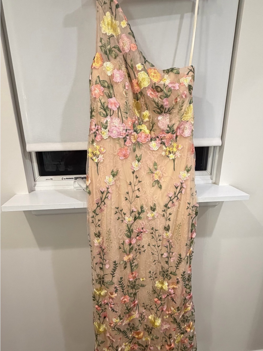 One-Shoulder Nude Floral Embroidered Evening Dress